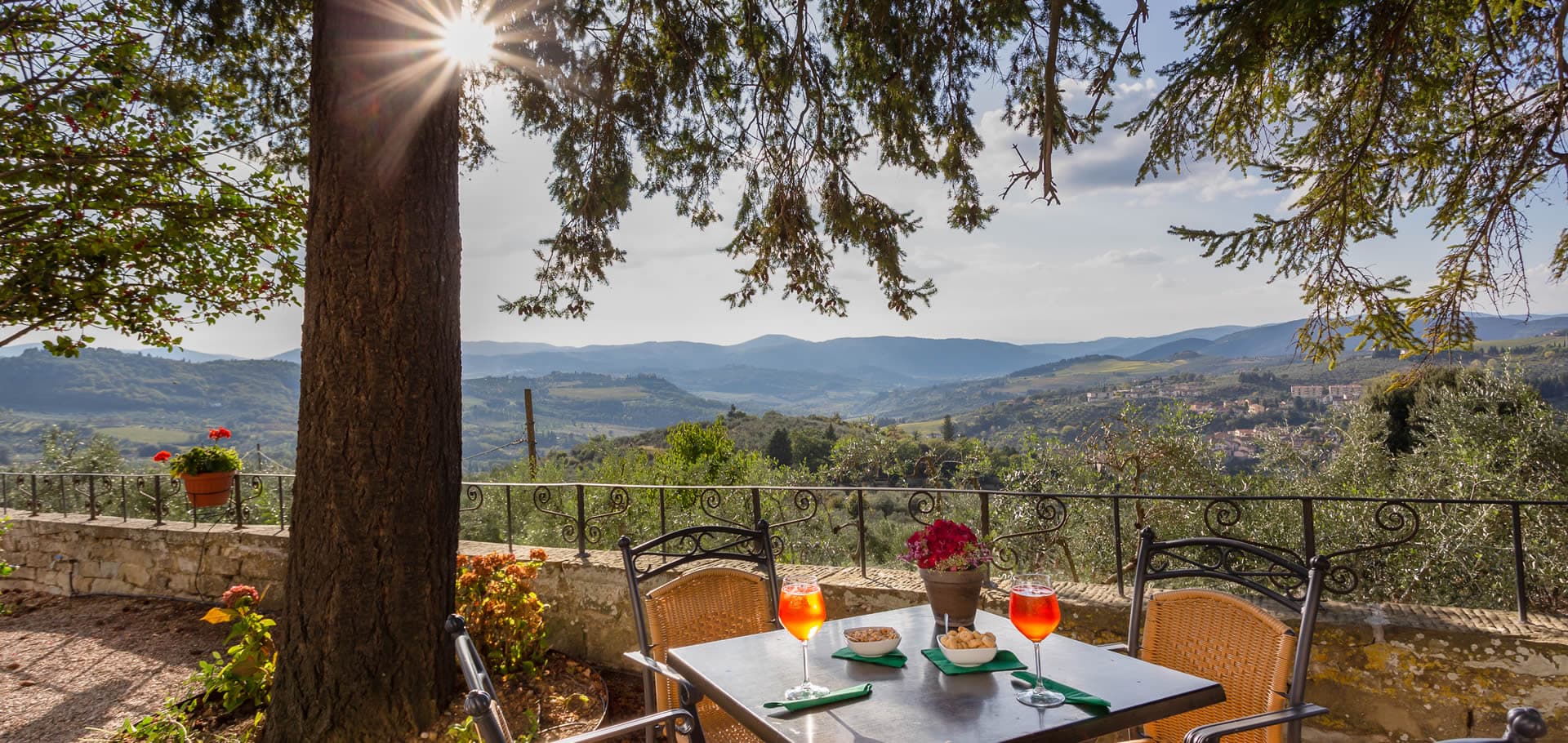 A table laid for breakfast on a terrace under a pine, looking out over the wooded hills east of Florence